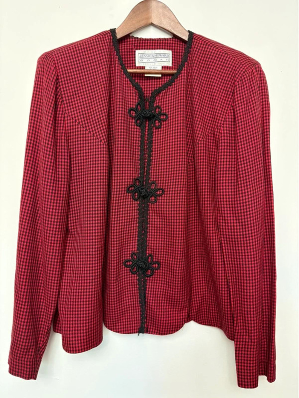 Vintage Jessica Howard Woman Red Black Houndstooth Blazer Size 16 Frog Closure